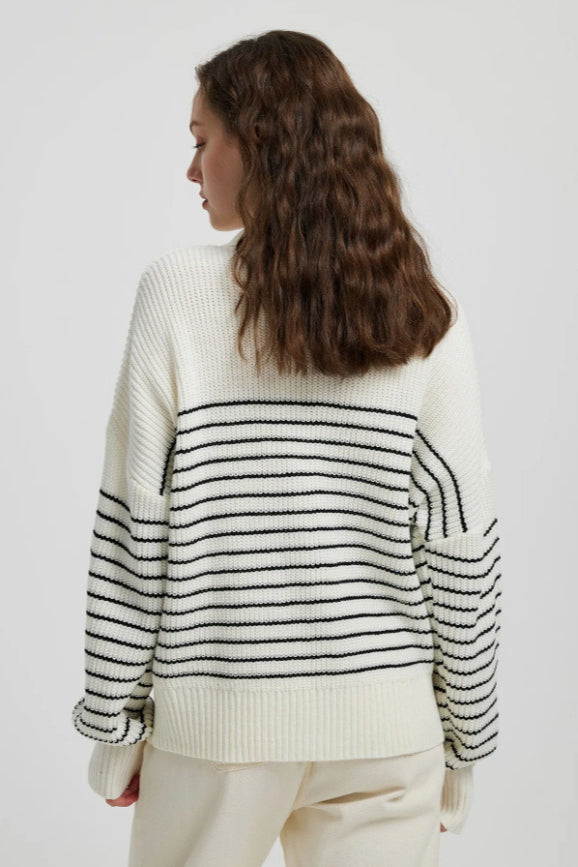 PrincessAce High Neck Striped Color Block Pullover Sweater
