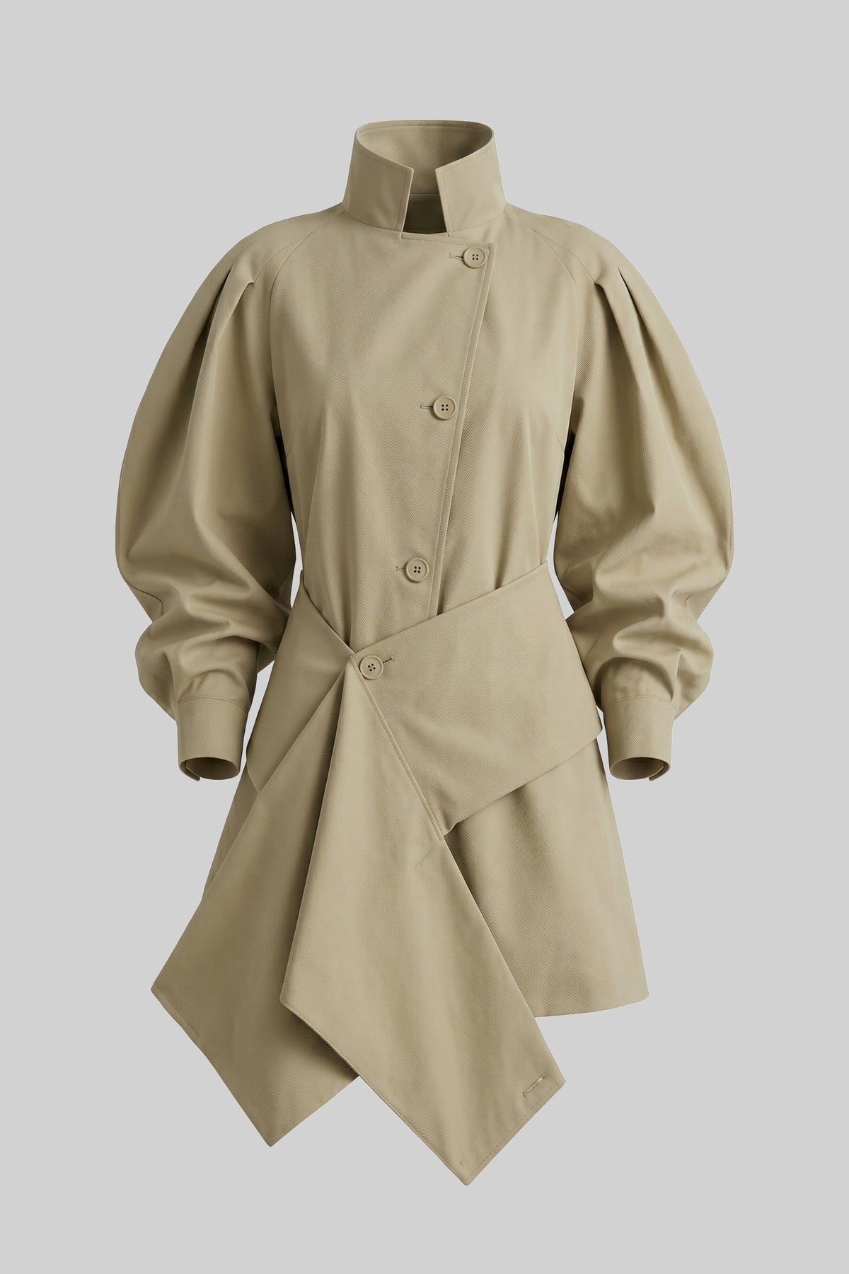 Button Front Puff Sleeve Belted Wrap Tie Asymmetric Hem Mini Dress - View 2