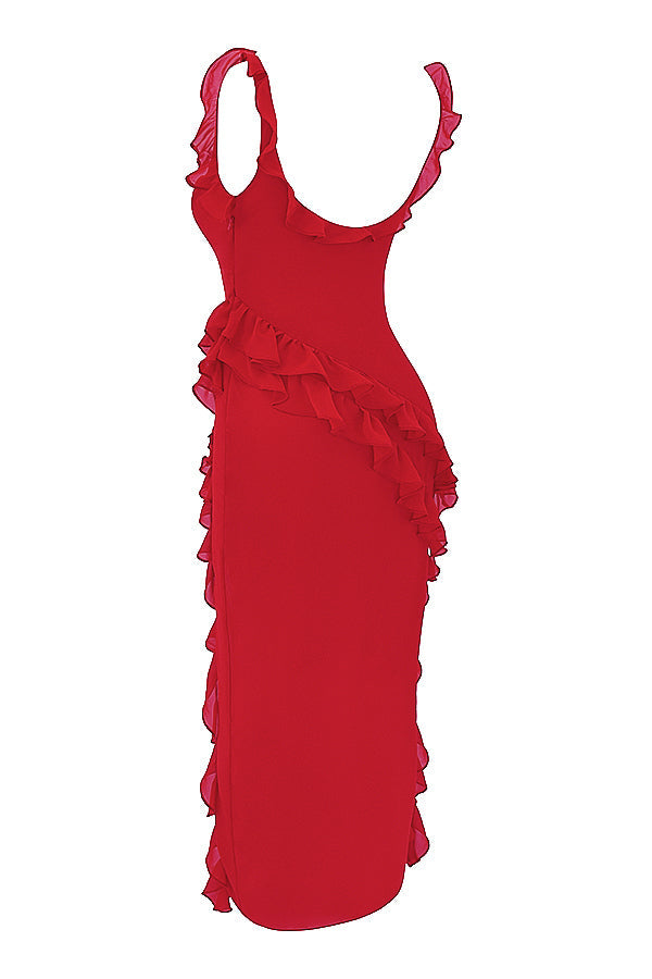 Square Neck Ruffle Strap High Split Asymmetrical Cascade Maxi Dress 68