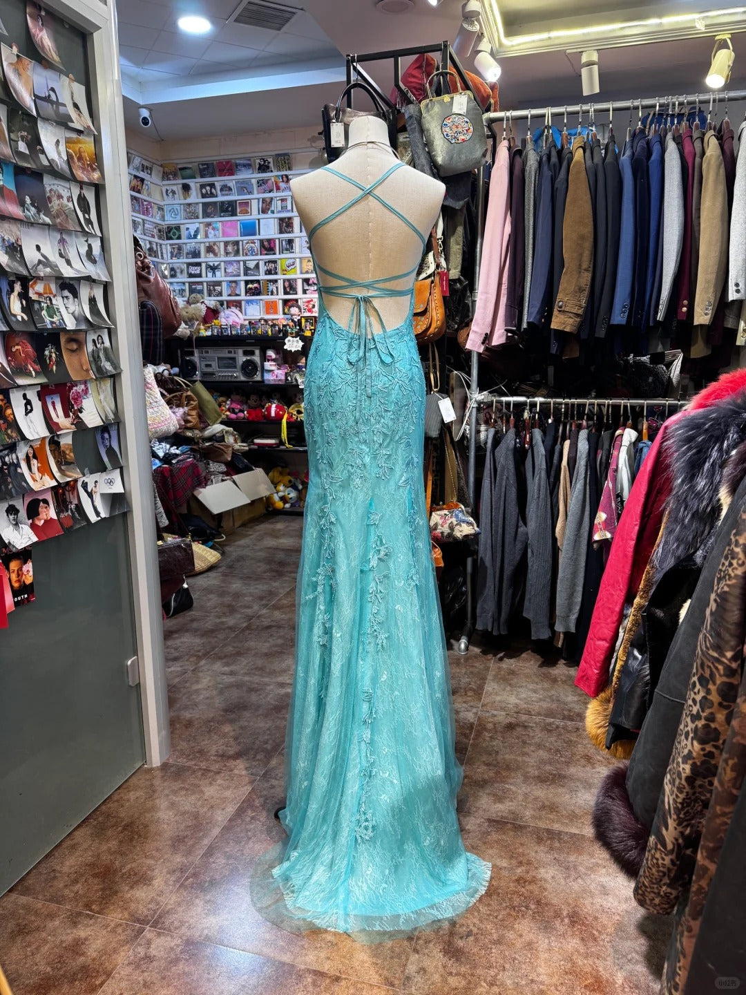 Elegant Lake Blue Mermaid Halter-neck Lace Long Prom Dress Evening Dress P4140