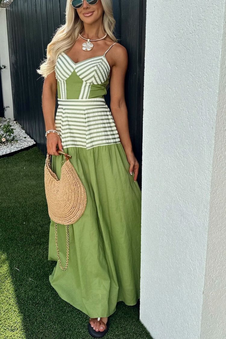 Dove Linen Blend Striped Contrast Back Smocked Slip Maxi Dress - Fashionpara