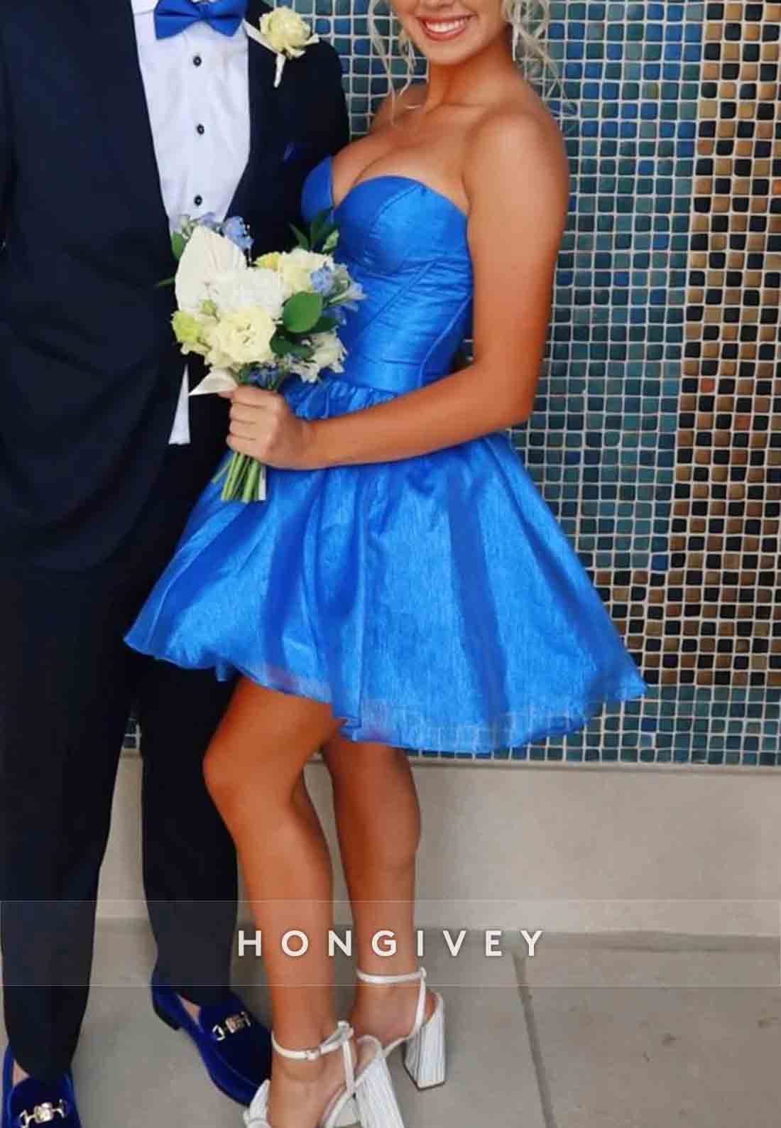 Strapless A-Line Pleated Sweetheart Low Back Short Homecoming Dresses