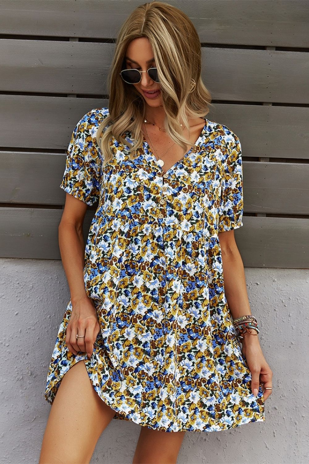 Printed V-Neck A-Line Dress - Fashionpara