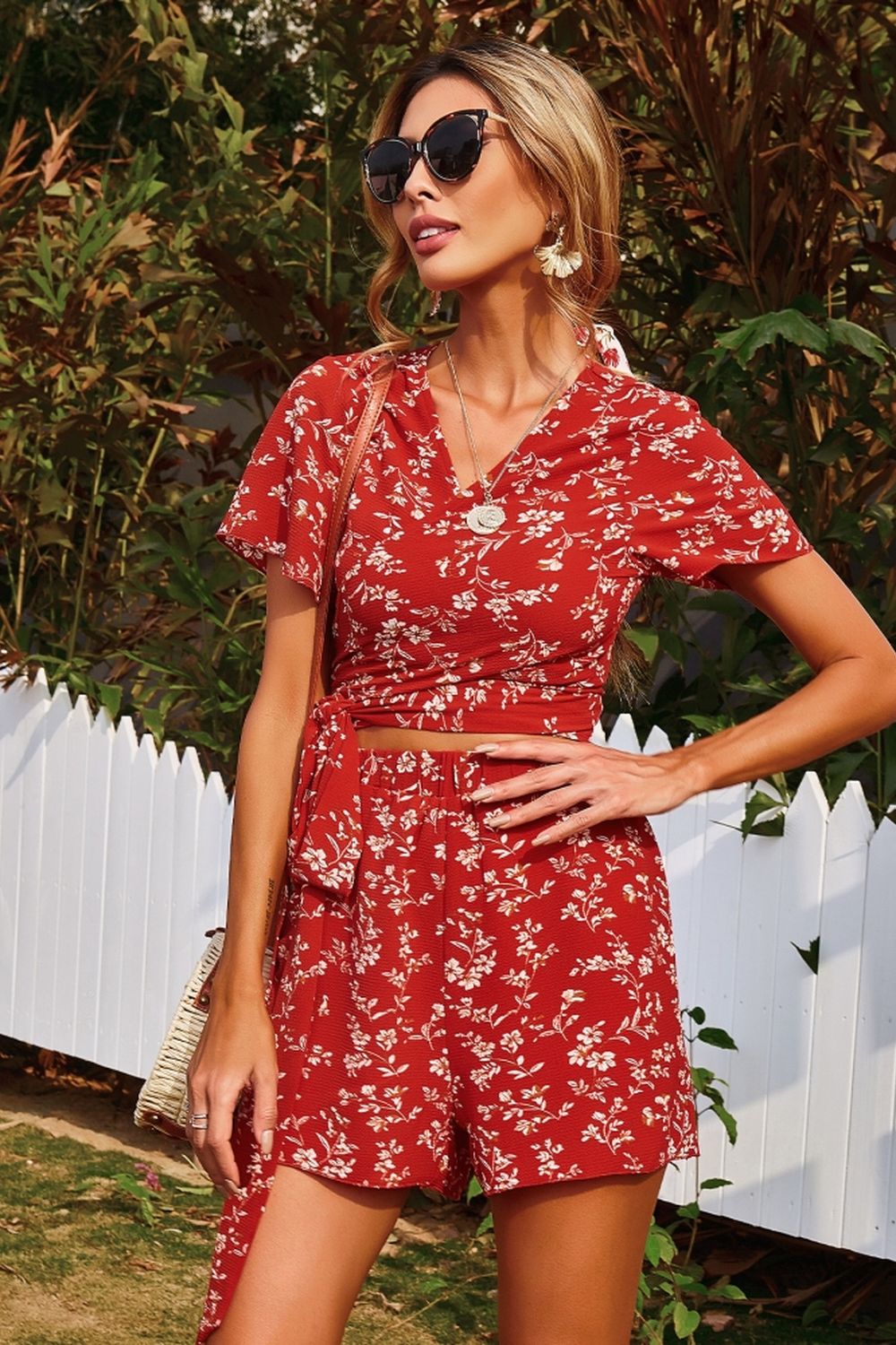 Floral Print V-Neck Two Piece Coat Set for Elegant Style