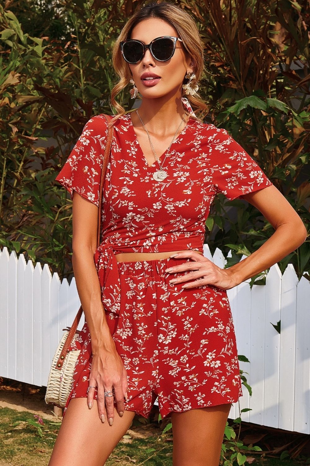 Floral Print V-Neck Two Piece Coat Set for Elegant Style