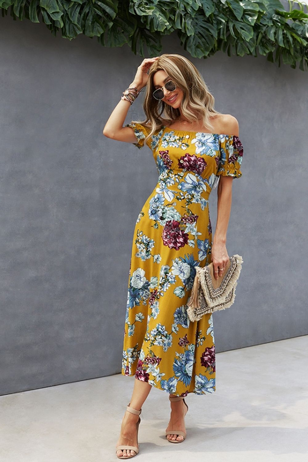 Off-Shoulder Print Big Swing Dress - Fashionpara