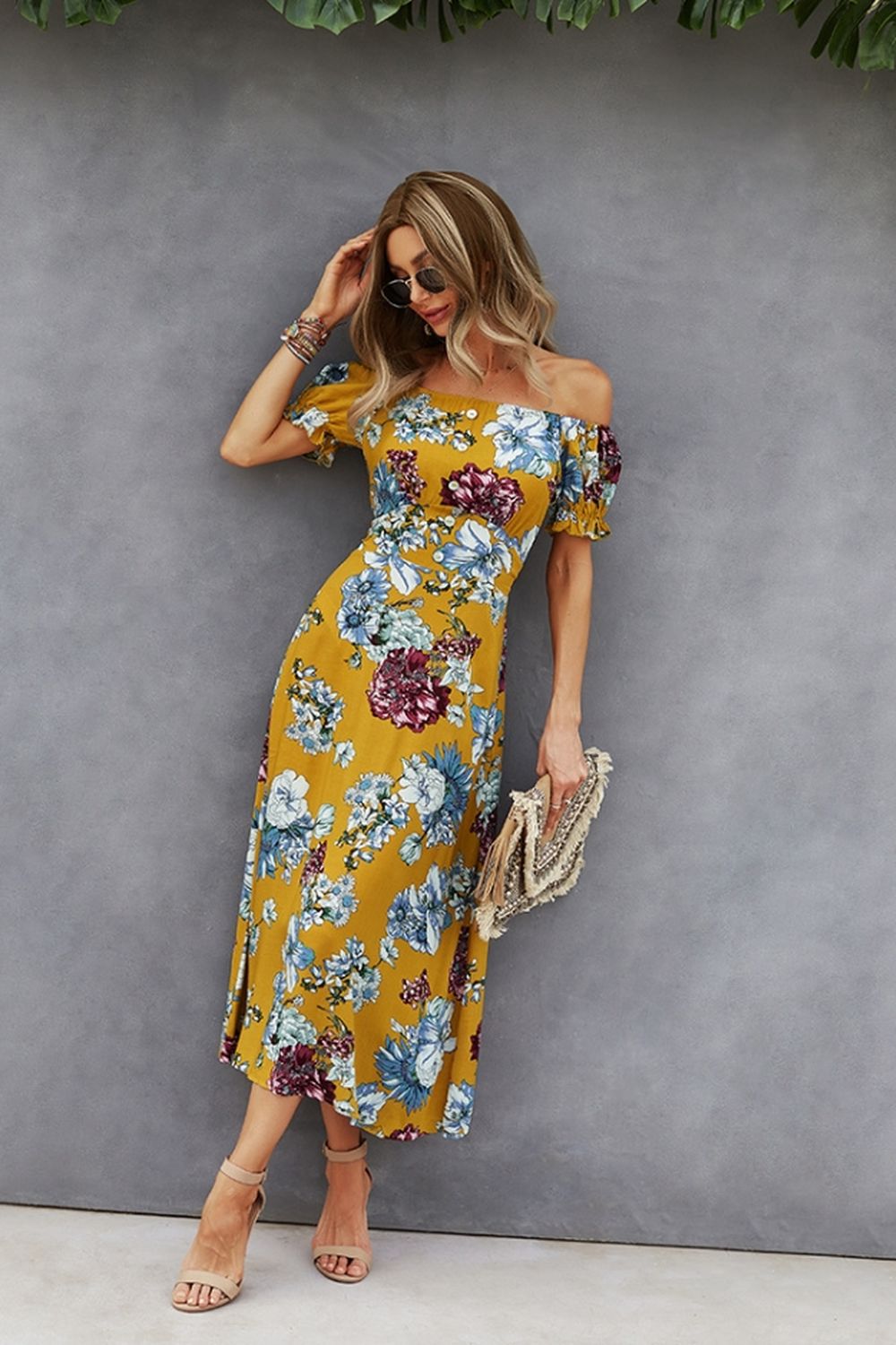 Off-Shoulder Print Big Swing Dress - Fashionpara