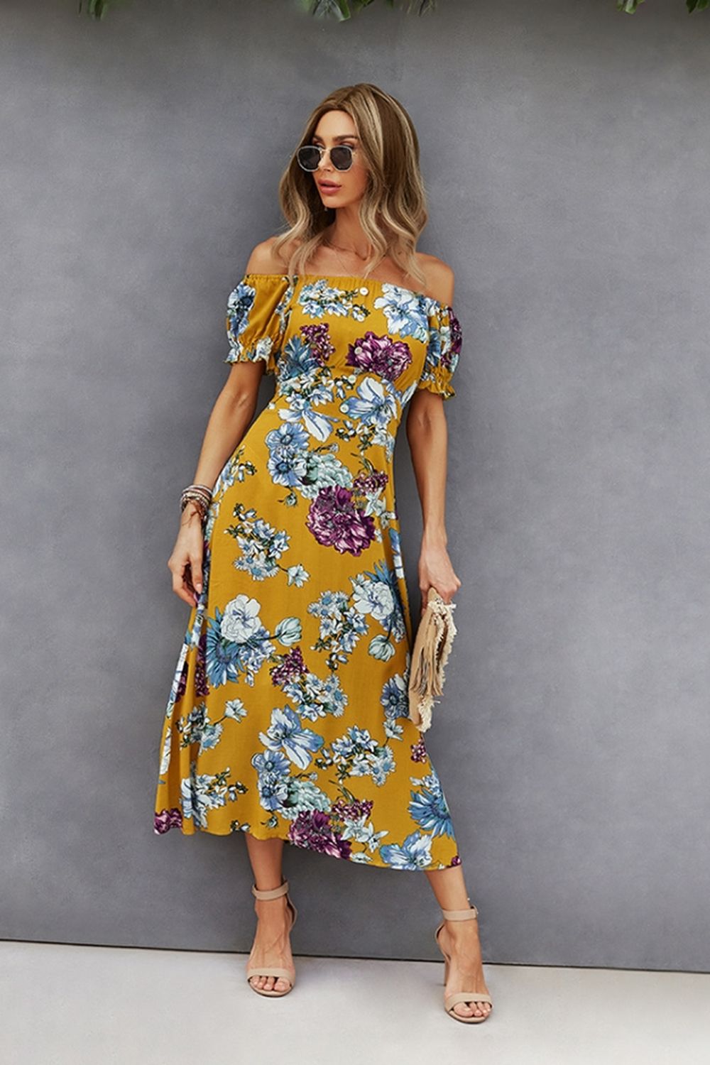 Off-Shoulder Print Big Swing Dress - Fashionpara