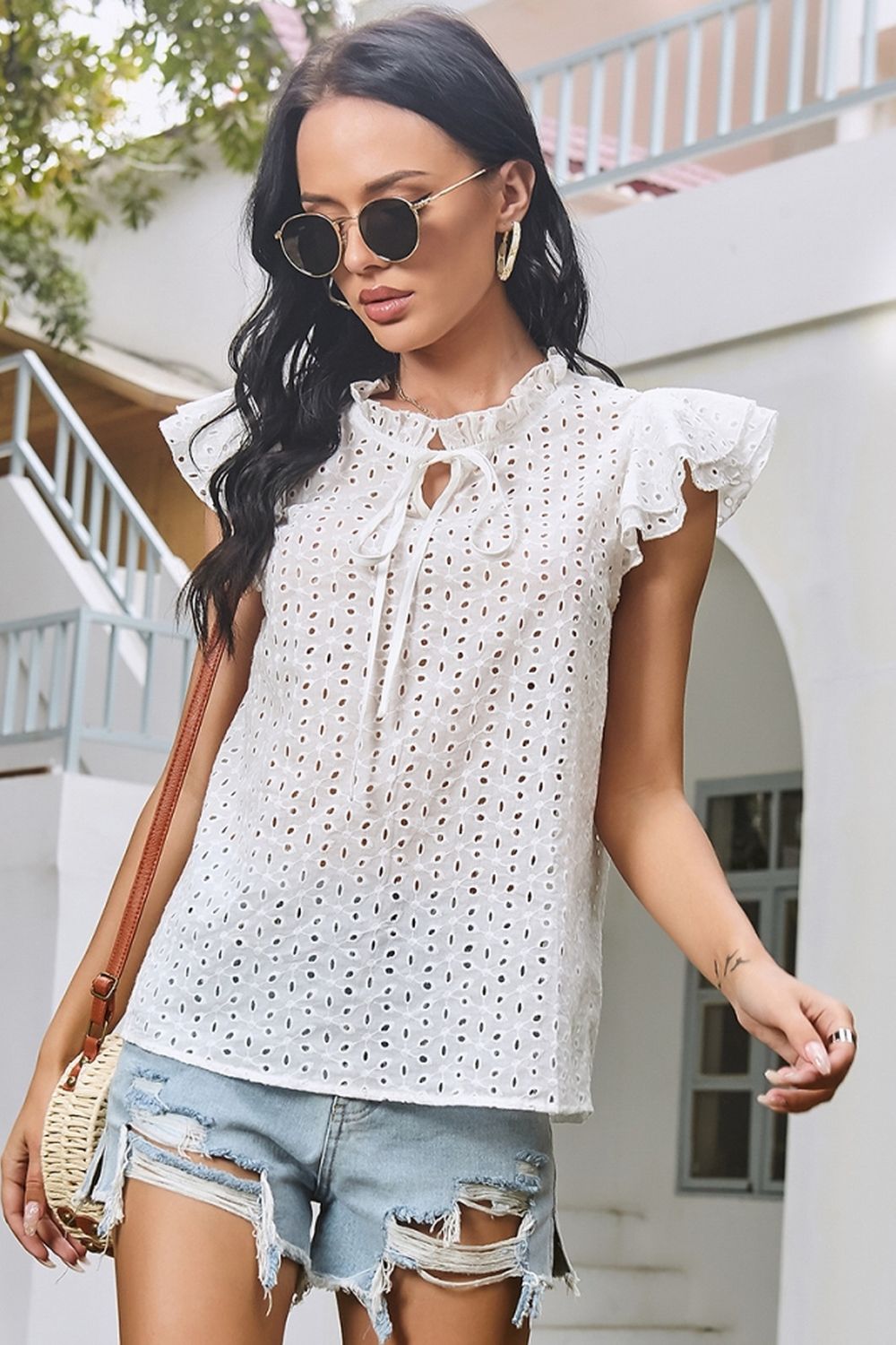 Hollow Tie Ruffle Sleeve Shirt