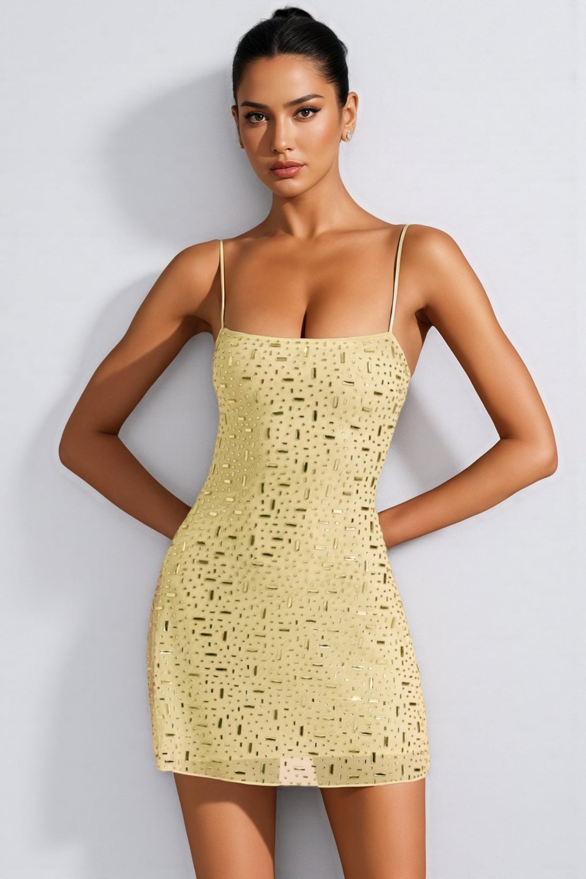 Sequin Square Neck Spaghetti Strap Mesh Bodycon Mini Dress