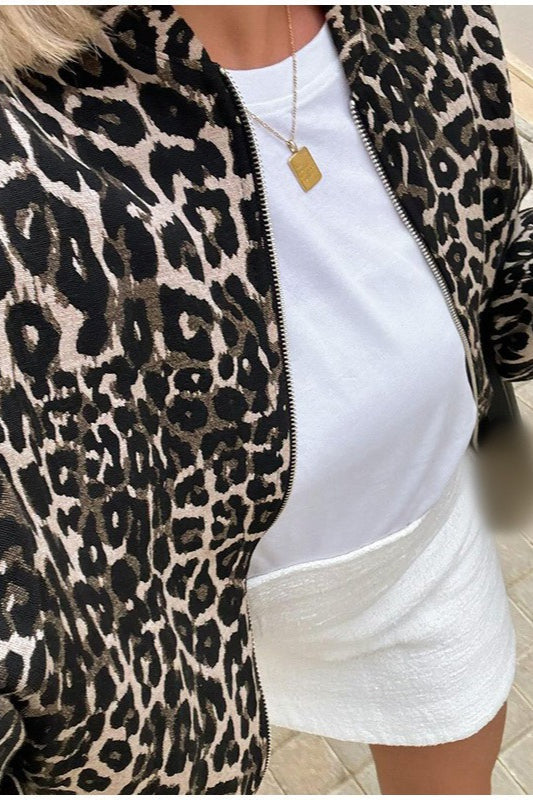 Animal Print Notch Collar Zip-Up Coat for Chic Style