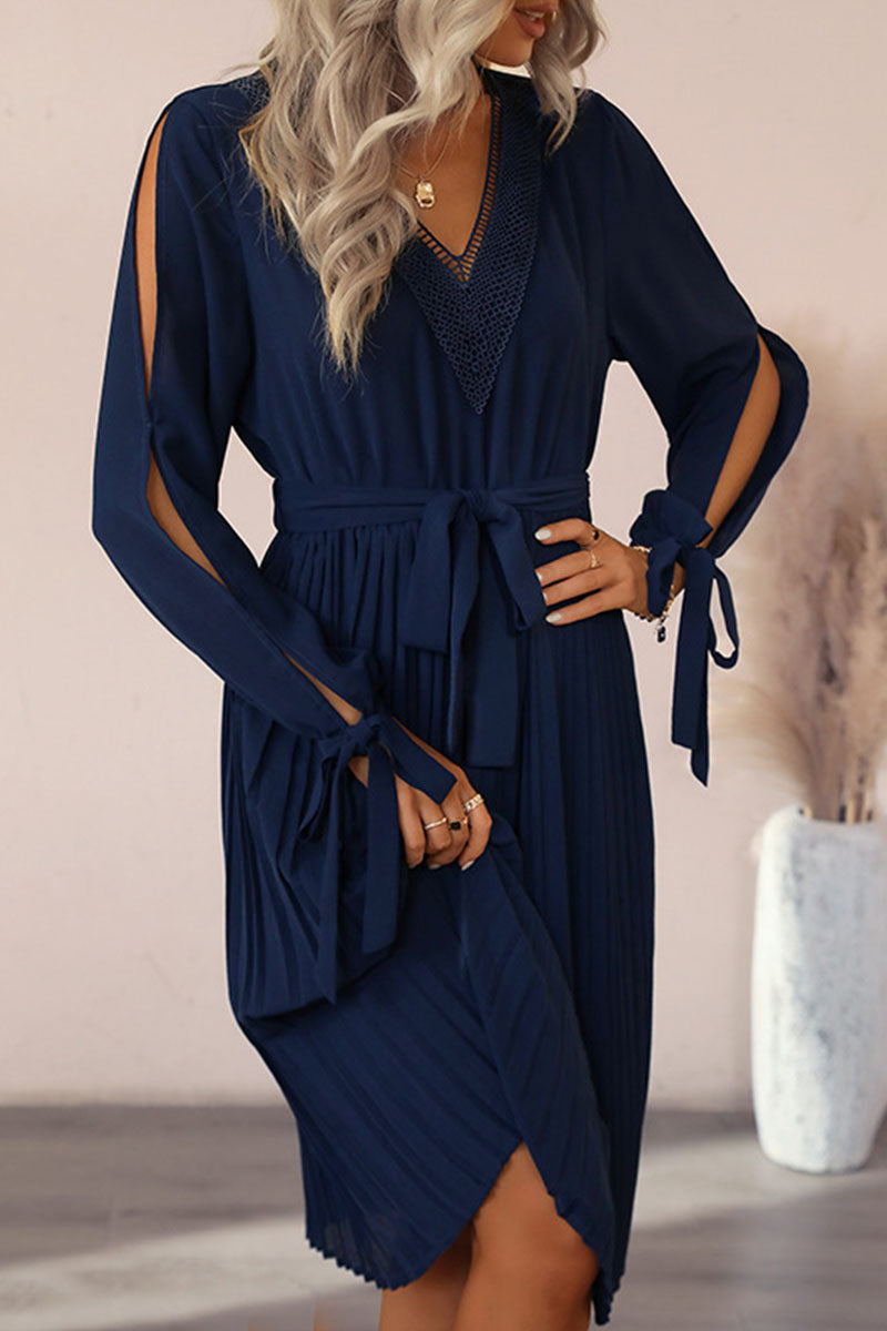 Chiffon Lace Insert V-Neck Cold Shoulder Tie Cuff Midi Dress - View 5
