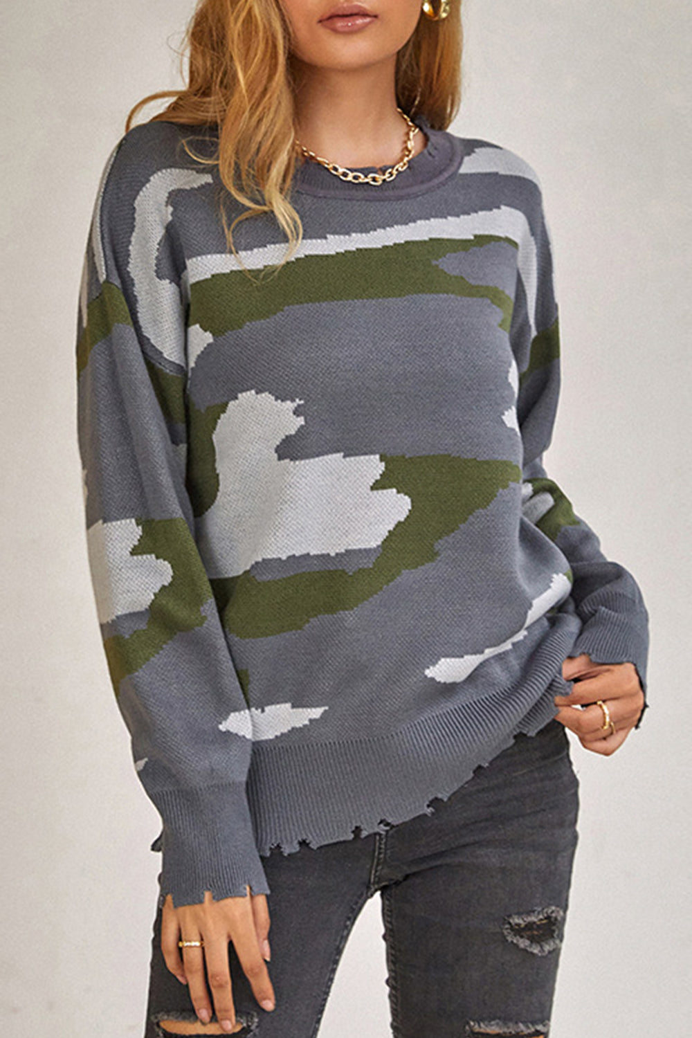 RadyRin Camouflage Ripped Fringed Sweater for Stylish Comfort