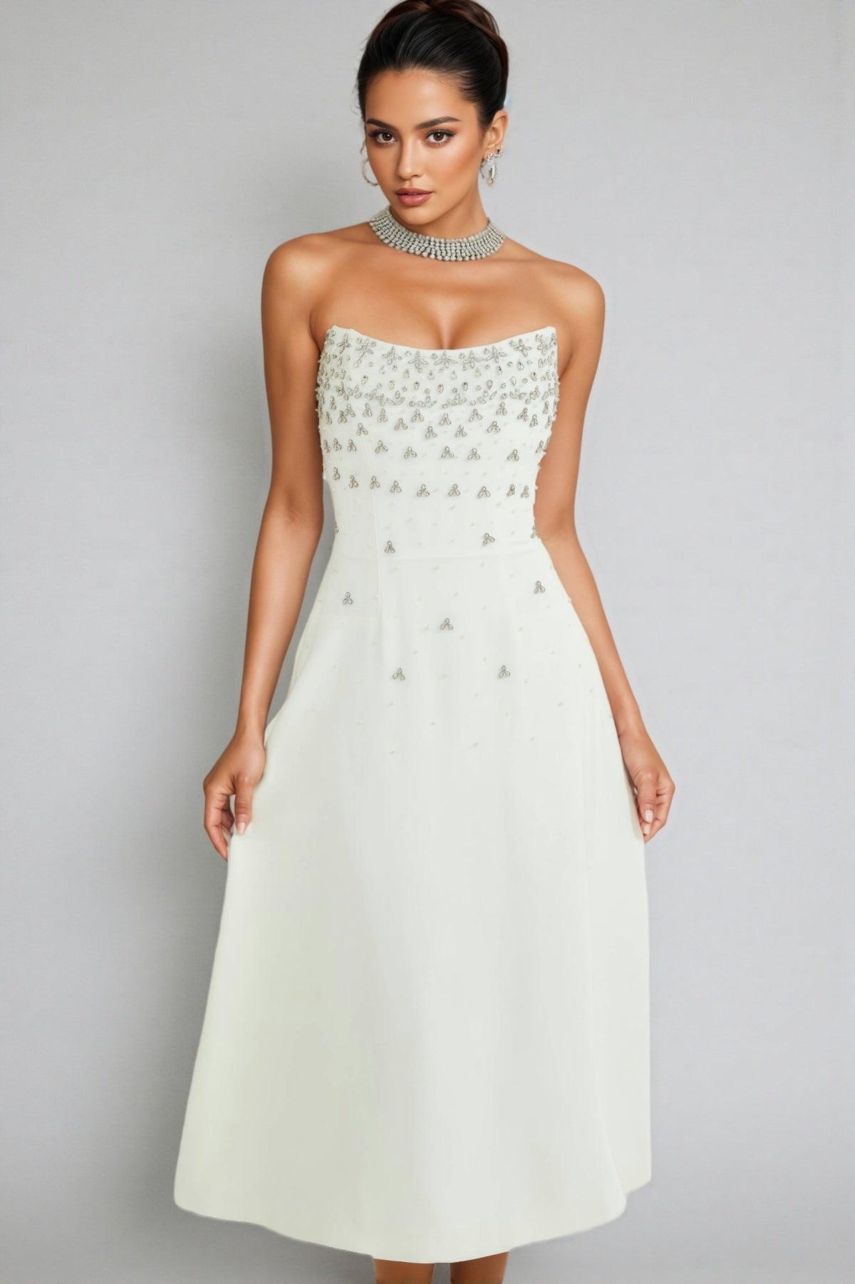 Strapless Beaded Fan Bodice A-Line Midi Dress - View 4