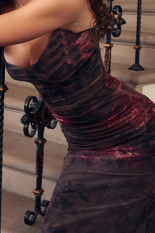 Vintage Spaghetti Strap Bodycon Retro Print Maxi Dress