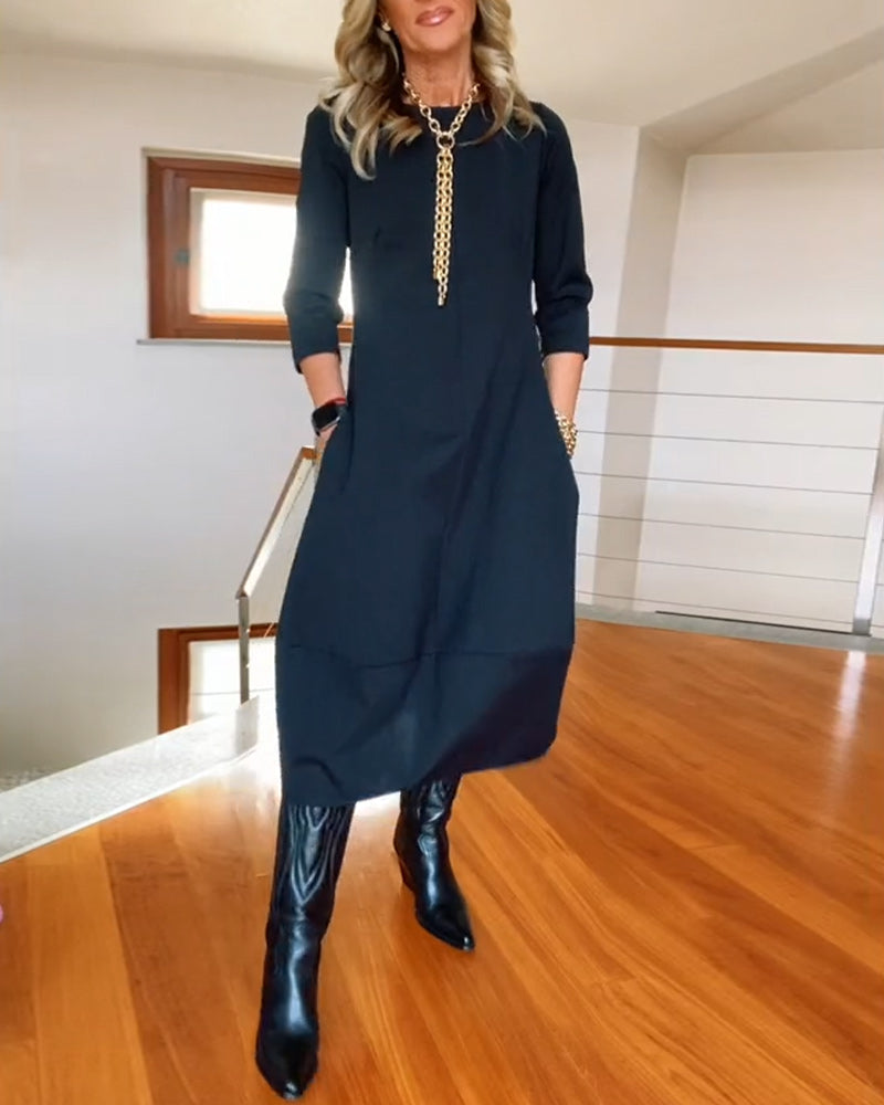 Round Neck Quarter Sleeve Zip Front Sheer Hem Midi Dress 4