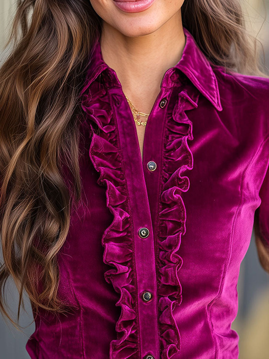 Vintage Hot Pink Velvet Ruffle Long Sleeve Button-Up Blouse - Fashionpara