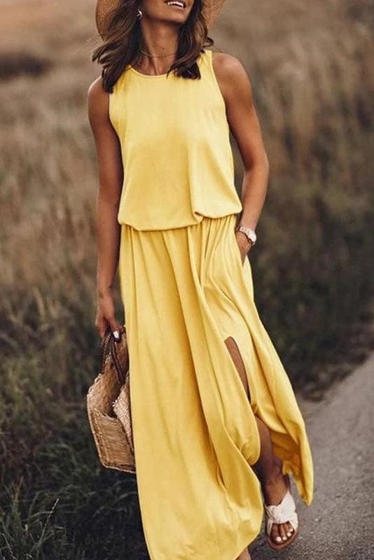 Round Neck Sleeveless Split Solid Maxi Dress