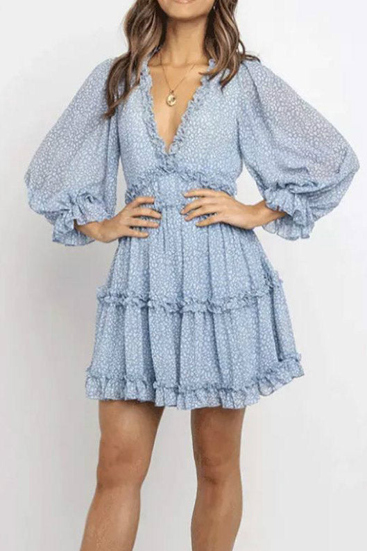 Burgundy Deep V-Neck Backless Ruffled Mini Dress