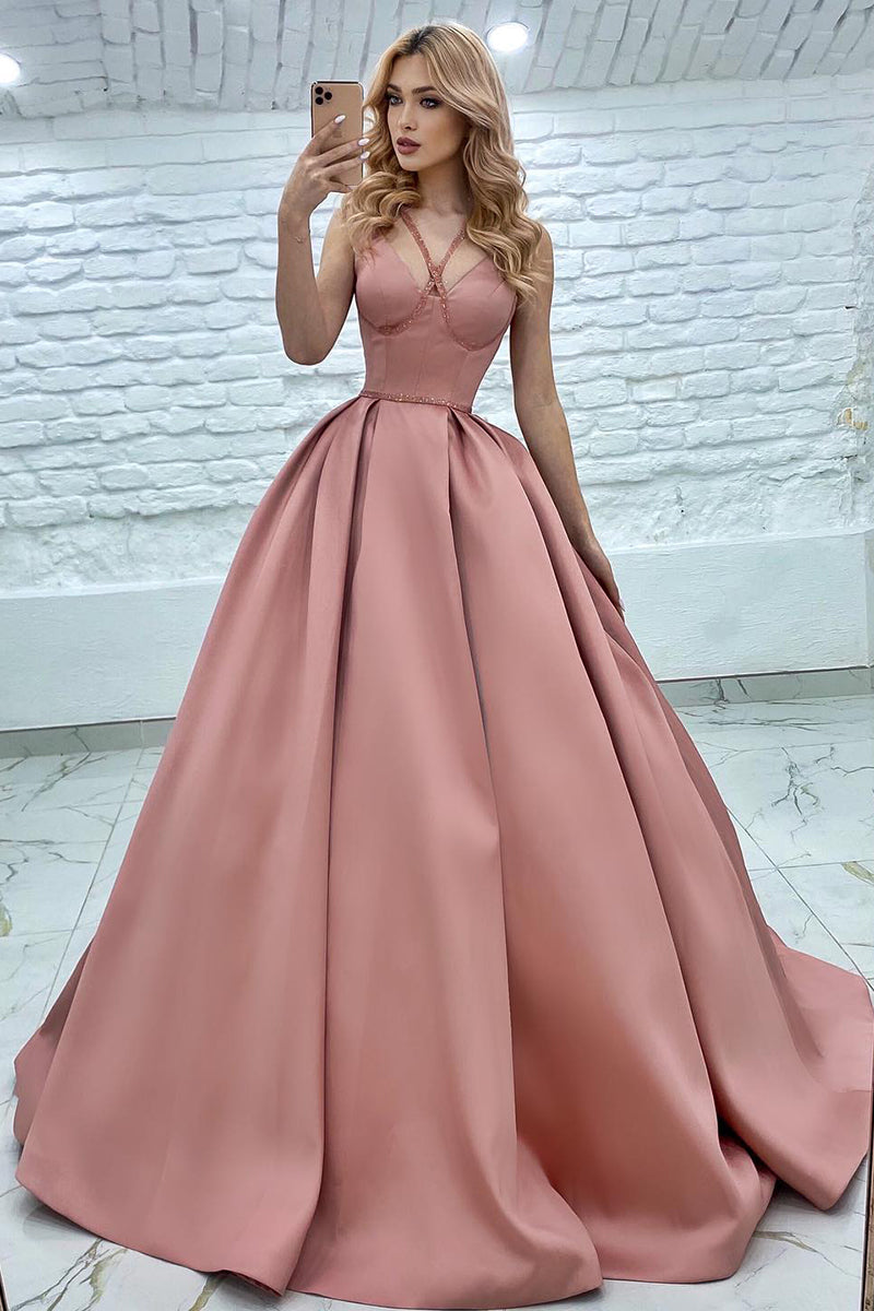 Pink Sequined Satin Ruched A Line Prom Evening Dress - Fashionpara