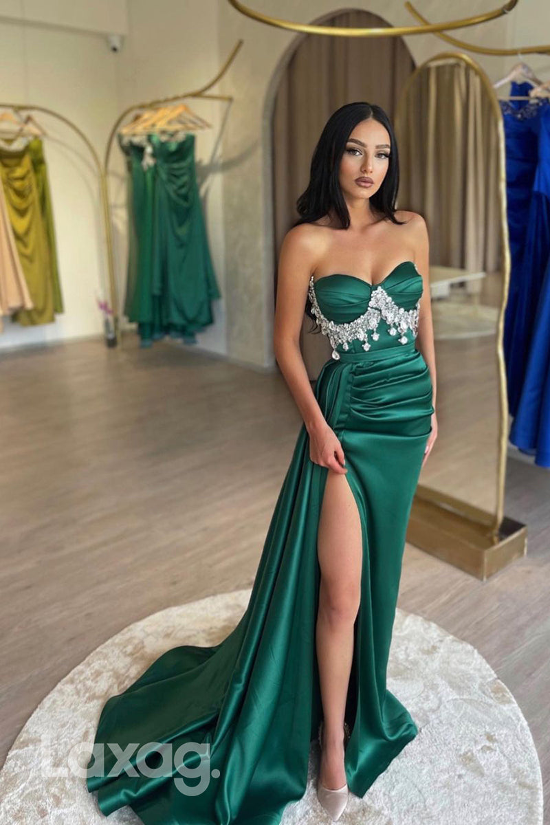 Sweetheart Rhinestone Draped Prom Evening Dress With Slit - Fashionpara