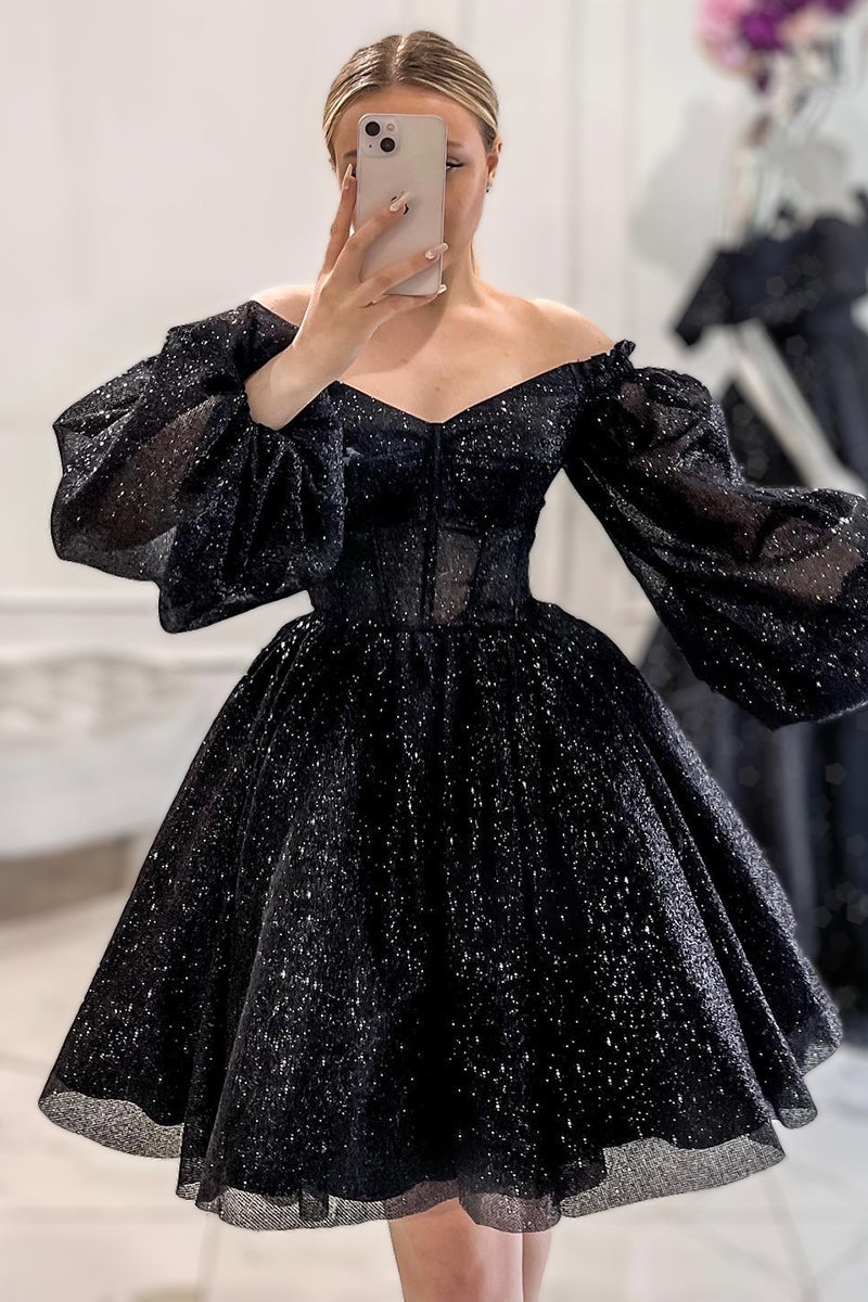 V Neck Glitter Long Sleeves Sequined Prom Dress - Fashionpara