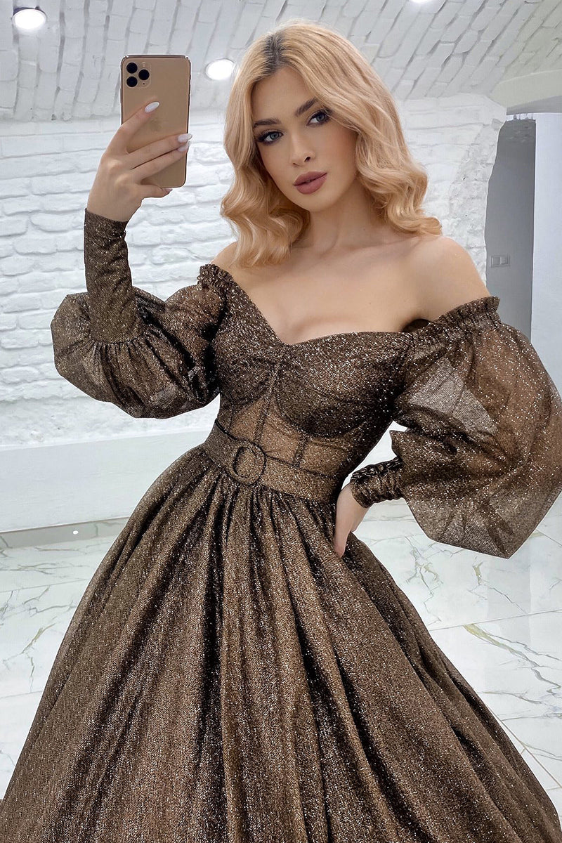 Off Shoulder Glitter Long Sleeves Bone Bodice Prom Evening Dress - Fashionpara