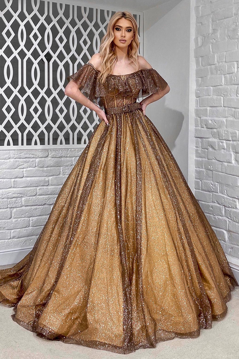 Glitter Off Shoulder Bone Bodice Sequin A Line Evening Gown - Fashionpara