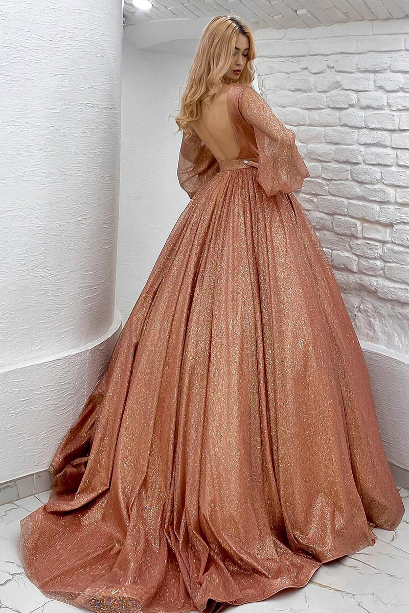 Blush Pink Long Sleeves Illusion V Neck A-Line Sequined Prom Gown - Fashionpara