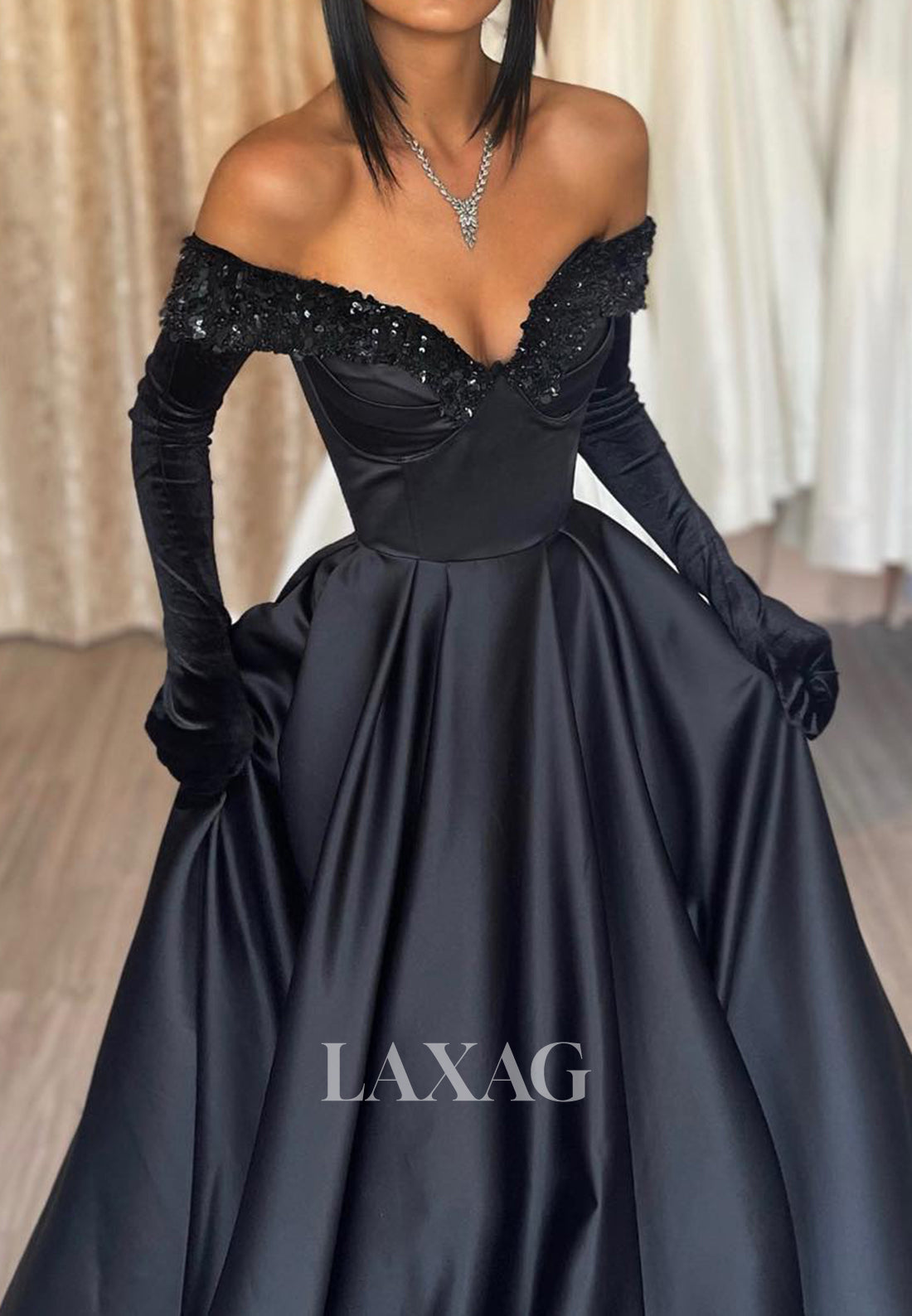 V-Neck Off Shoulder Beaded Sequins A-Line Prom Dress Plated Satin Formal Gowns with Long Gloves - Fashionpara