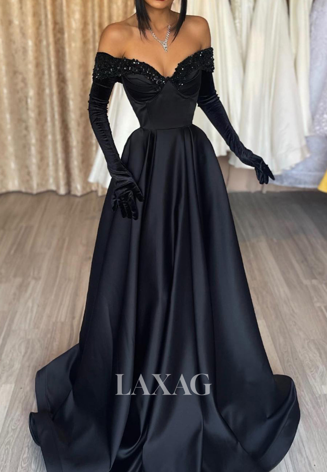 V-Neck Off Shoulder Beaded Sequins A-Line Prom Dress Plated Satin Formal Gowns with Long Gloves - Fashionpara