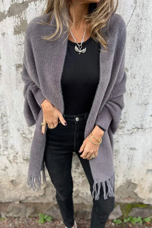Relaxed Knit Plush Shawl Cardigan with Tassel Trim