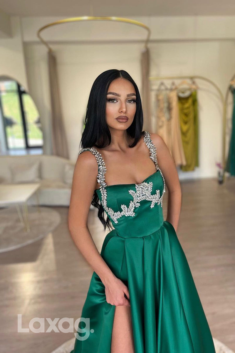 Green Crystal Beaded Straps Split A-Line Prom Evening Dress - Fashionpara