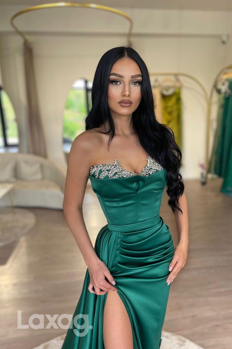 Sweetheart Crystal Beaded Ruched Evening Dress With High Slit - Fashionpara