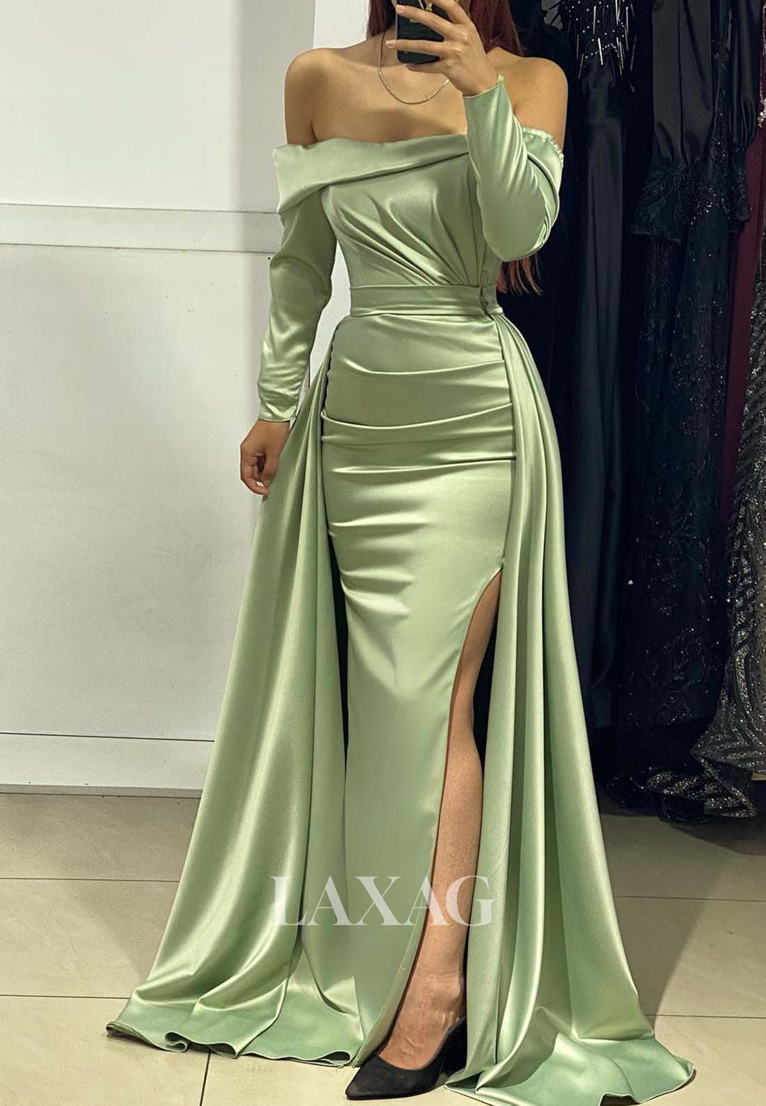 Off-Shoulder Long-Sleeves Evening Gowns Pleated Satin Mermaid Prom Dress with Overskirt - Fashionpara