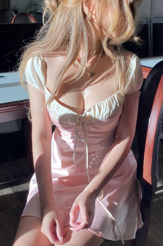 Lace Square Neck Puff Sleeve Lace Up Midi Dress