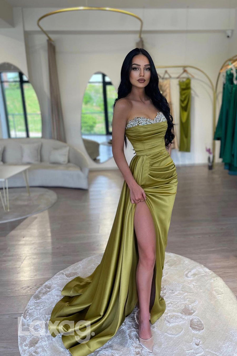 Sweetheart Crystal Beaded Ruched Prom Evening Dress With Slit - Fashionpara