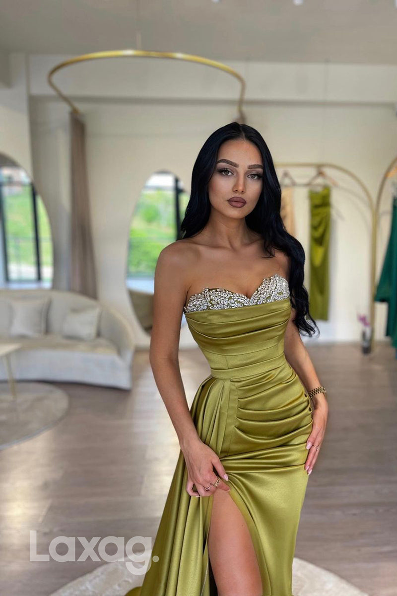 Sweetheart Crystal Beaded Ruched Prom Evening Dress With Slit - Fashionpara