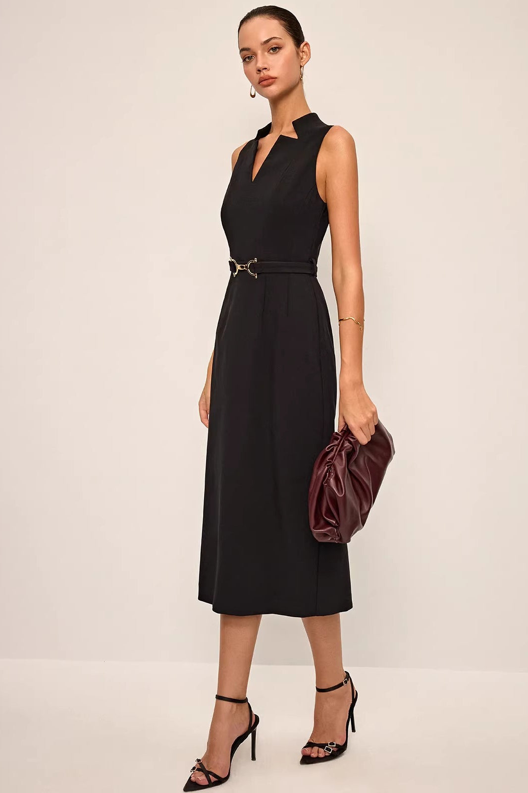 Stand Collar Split Neck Sleeveless Belted Midi Dress 2