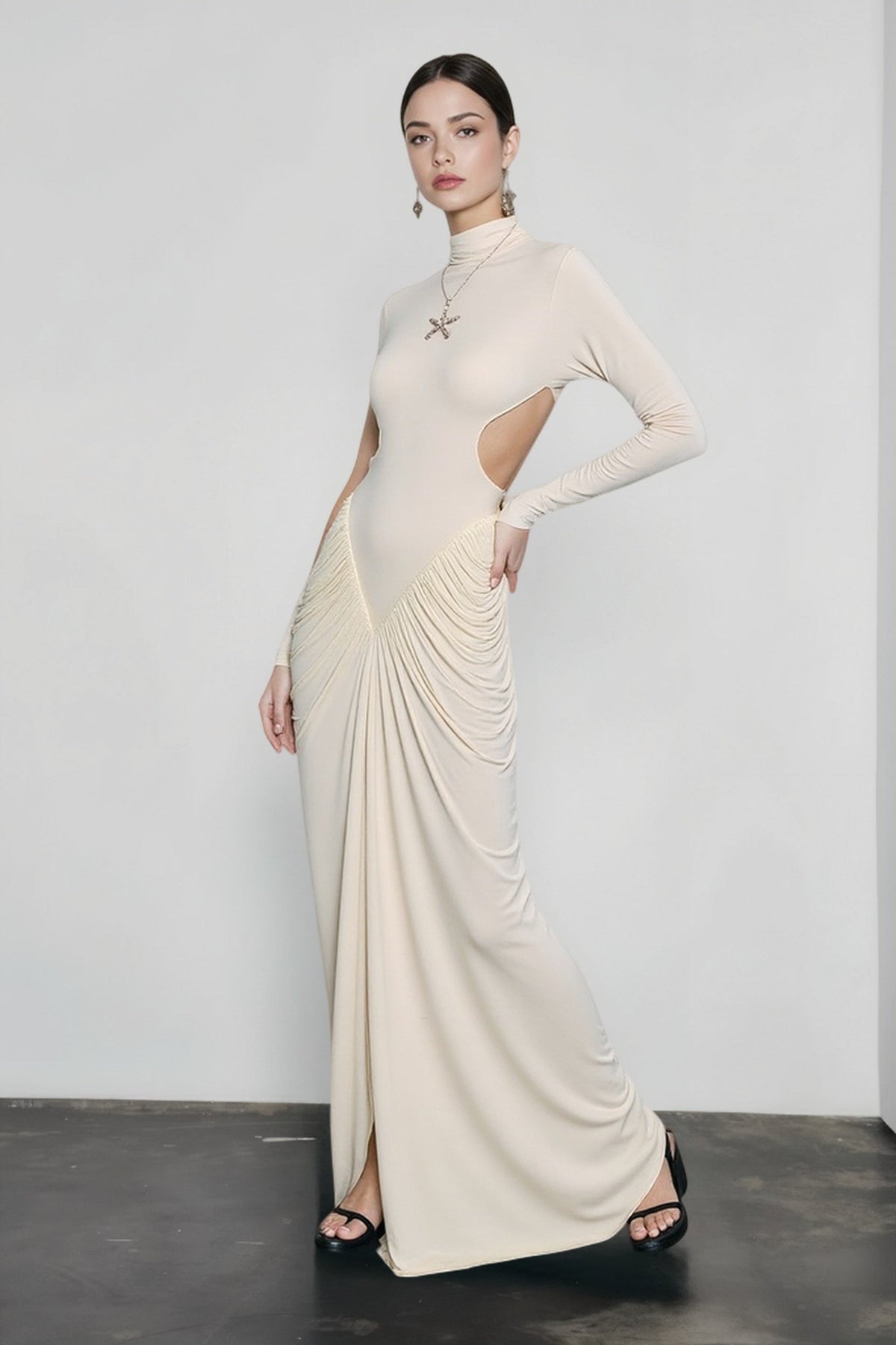 High-Neck Long Sleeve Cutout Draped Jersey Maxi Dress
