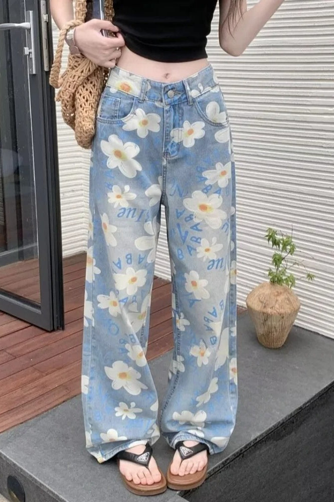 Floral Print Baggy Denim Jeans