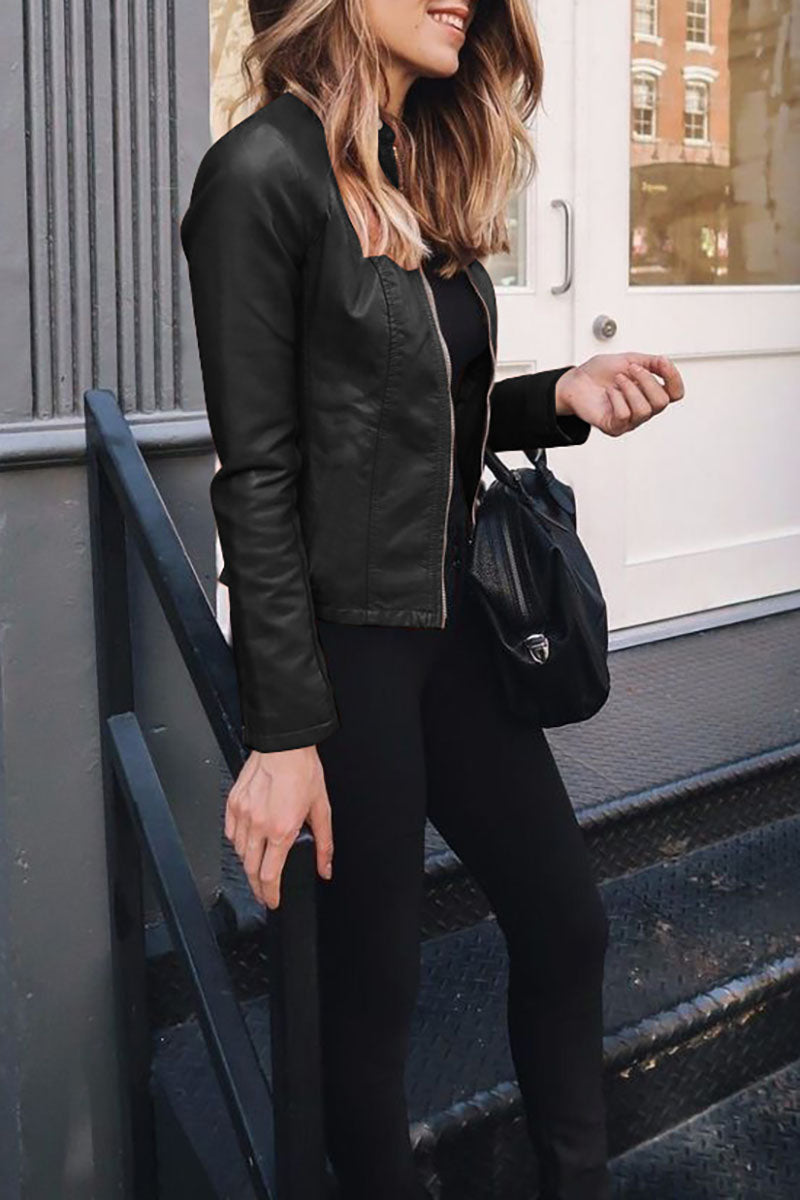Sleek Faux Leather Crop Jacket with Zipper Front Closure