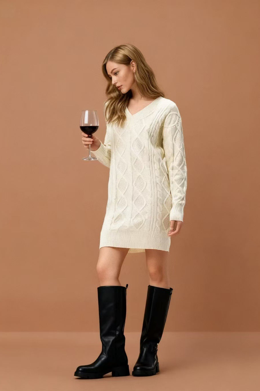 PrincessAce V-Neck Cable-Knit Sweater Mini Dress in Solid Color