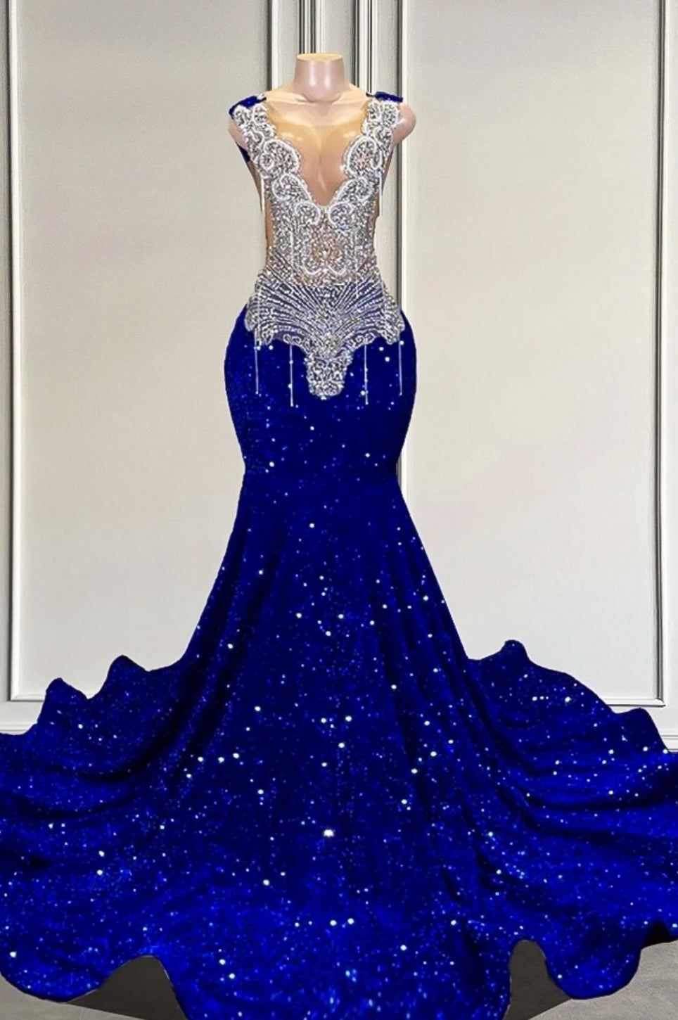 Gorgeous Royal Blue Sequined Silver Beaded Mermaid Long V-neck Prom Party Dresses - Fashionpara