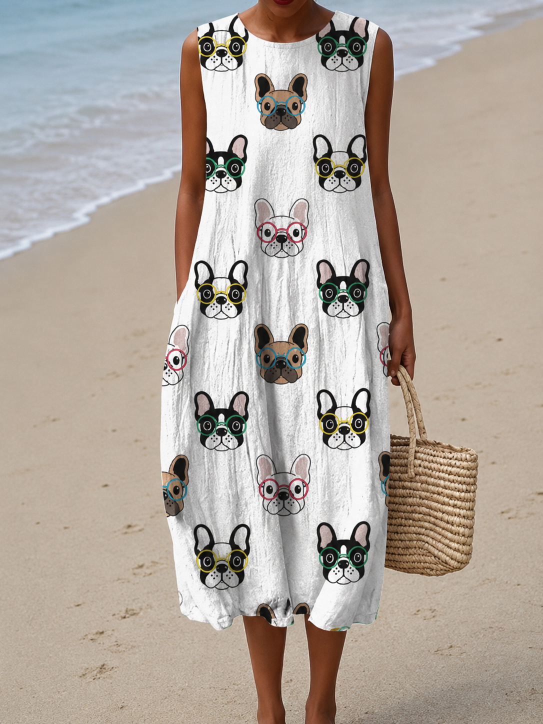 Bulldog Print Sleeveless Round Neck Cocoon Midi Dress