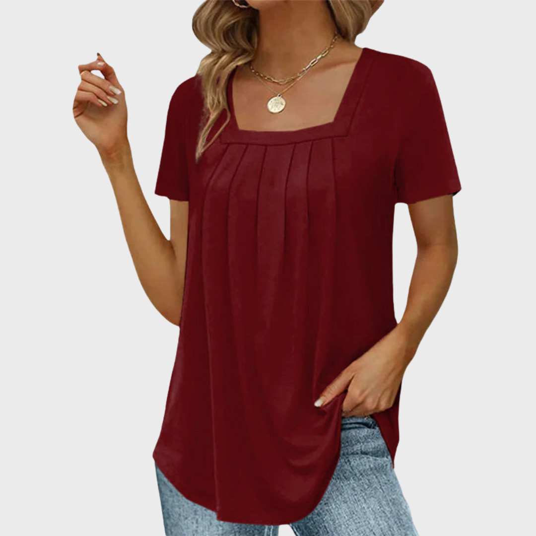 Square Neck Short Sleeve Pleated Front Tunic Top 4