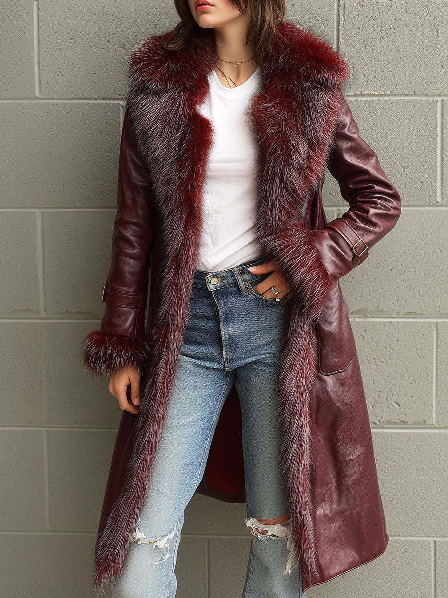 Vintage Burgundy Eco Leather Trench Coat  With Eco Fur Collar & Cuffs - Fashionpara