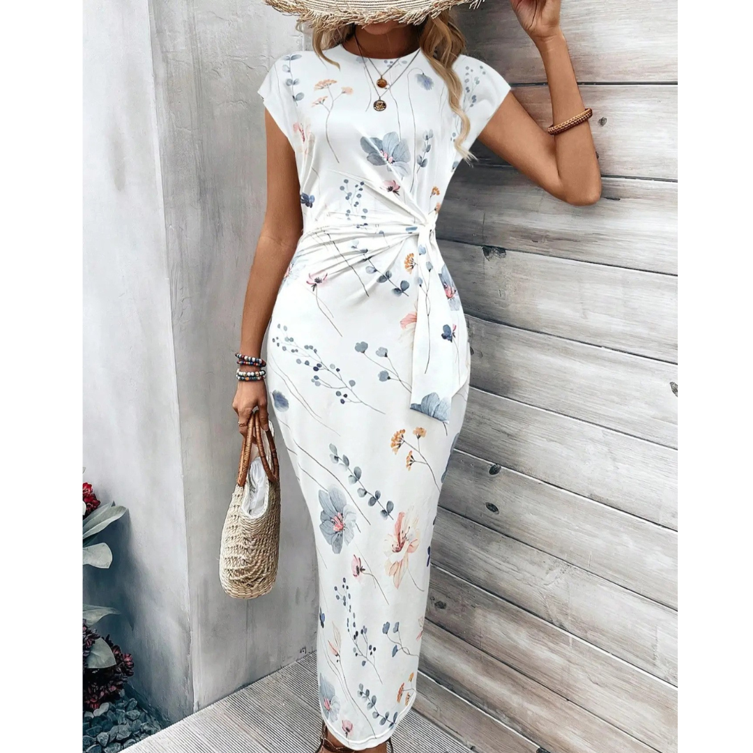 Striped Round Neck Cap Sleeve Twist Front Bodycon Midi Dress 14