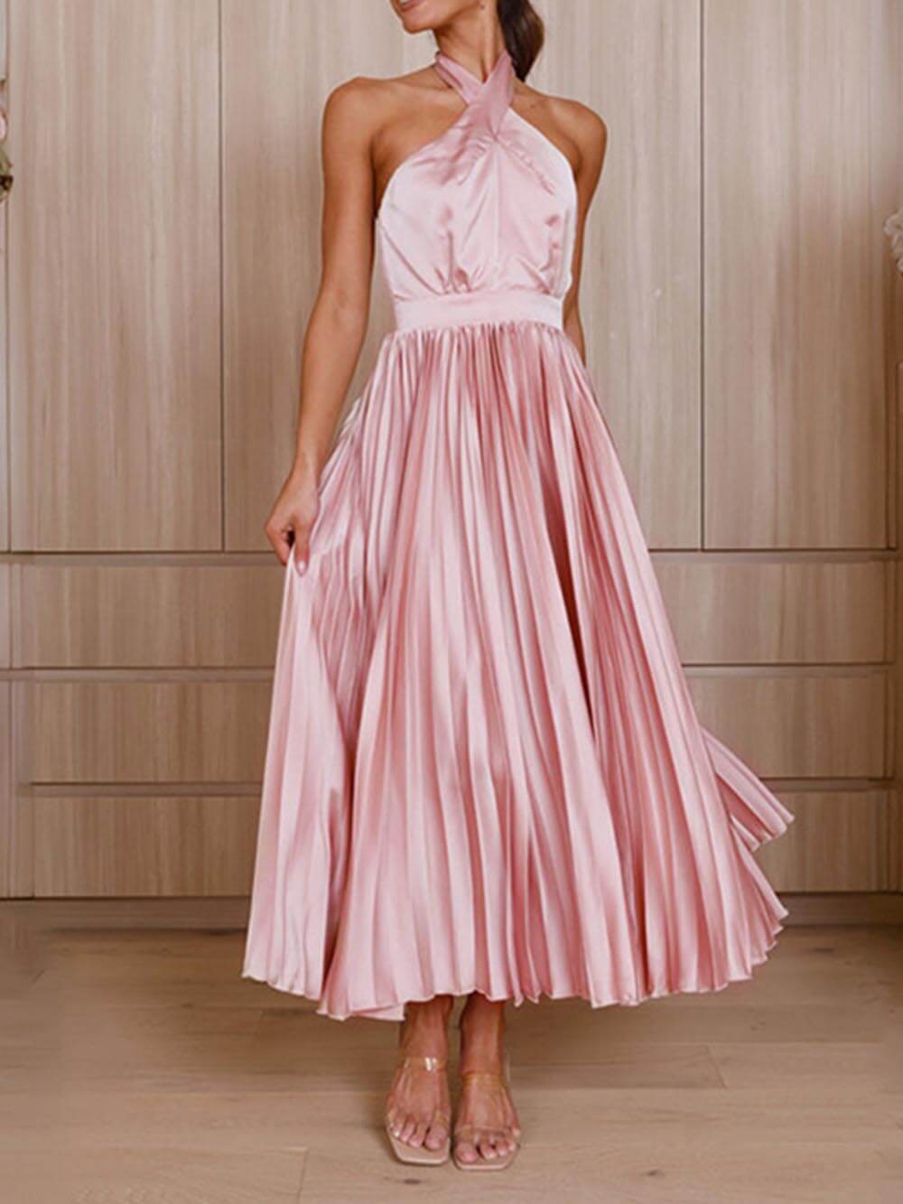 Neckline Pleated Vacation Party Midi Dresses - Fashionpara