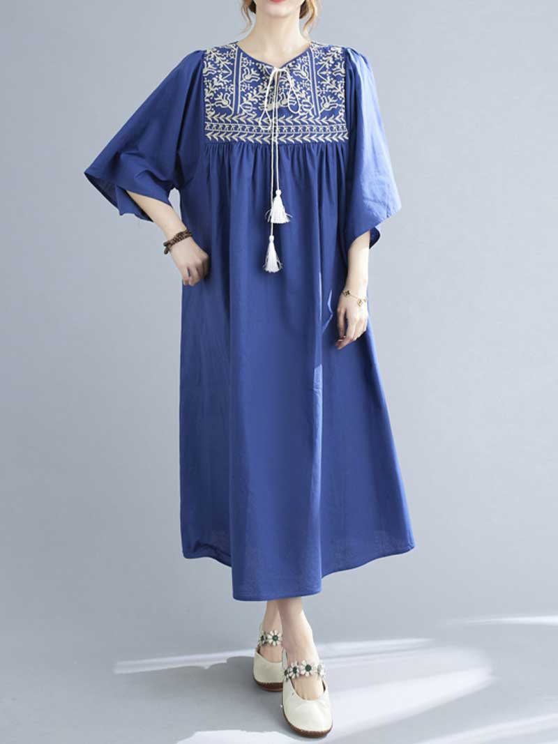 Embroidered Yoke Round Neck Tassel-Tie Batwing Midi Dress 3